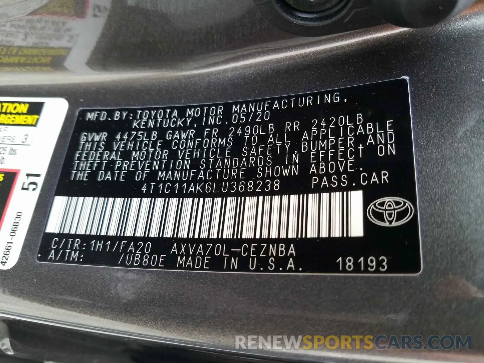 10 Photograph of a damaged car 4T1C11AK6LU368238 TOYOTA CAMRY 2020