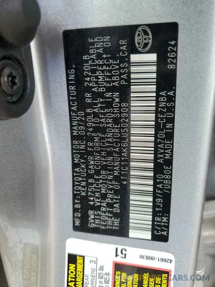 12 Photograph of a damaged car 4T1C11AK6LU502908 TOYOTA CAMRY 2020