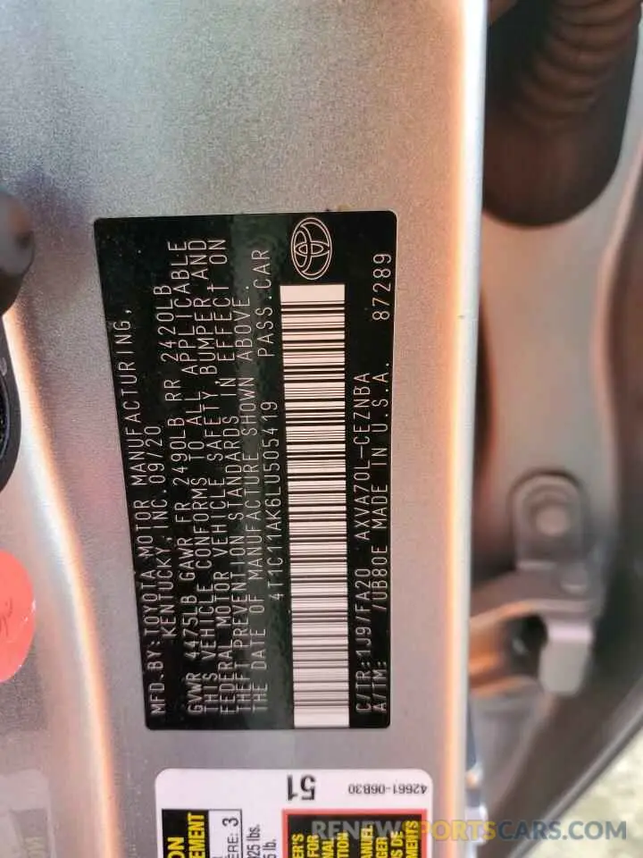 13 Photograph of a damaged car 4T1C11AK6LU505419 TOYOTA CAMRY 2020