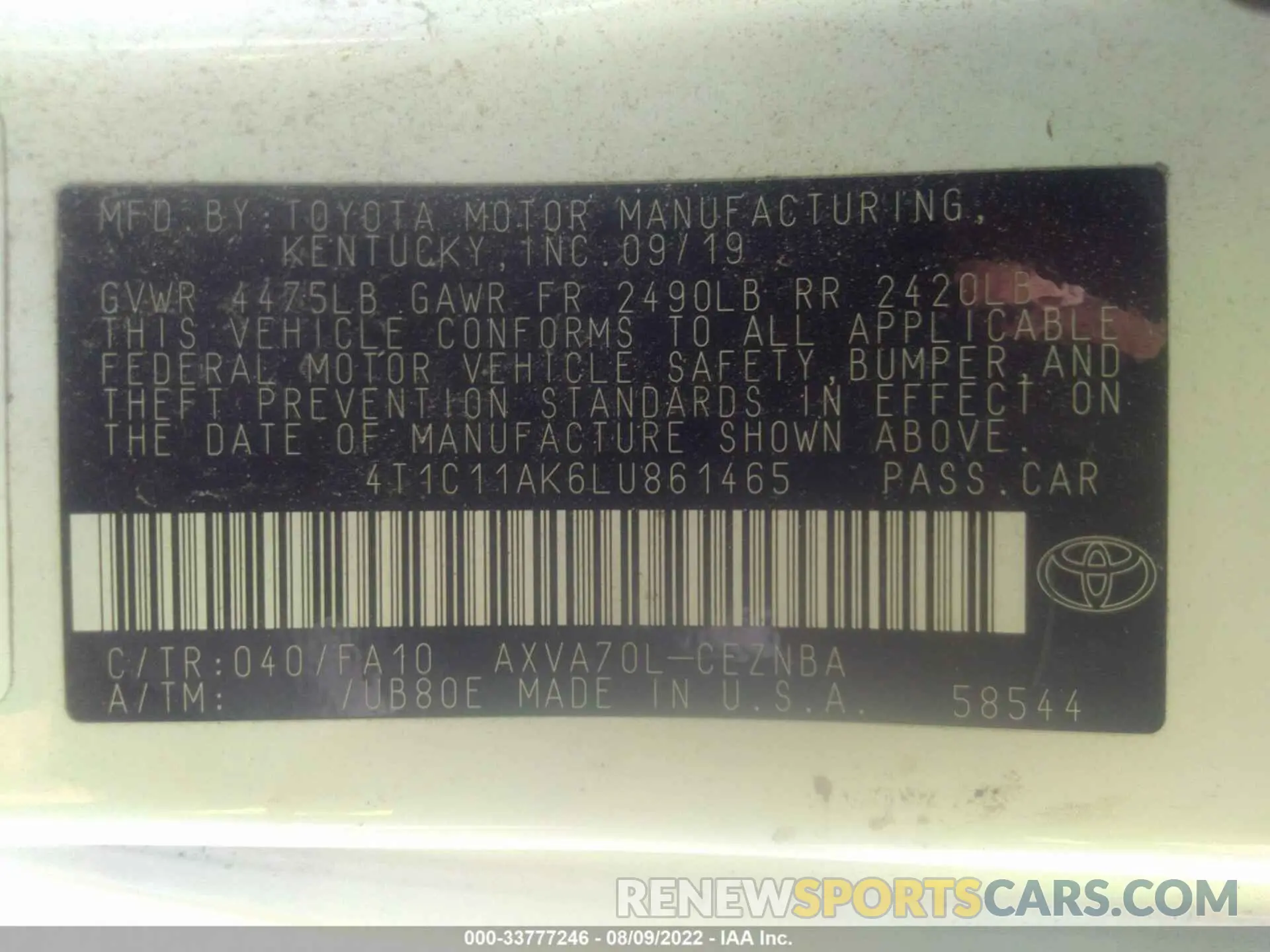 9 Фотография поврежденного автомобиля 4T1C11AK6LU861465 TOYOTA CAMRY 2020