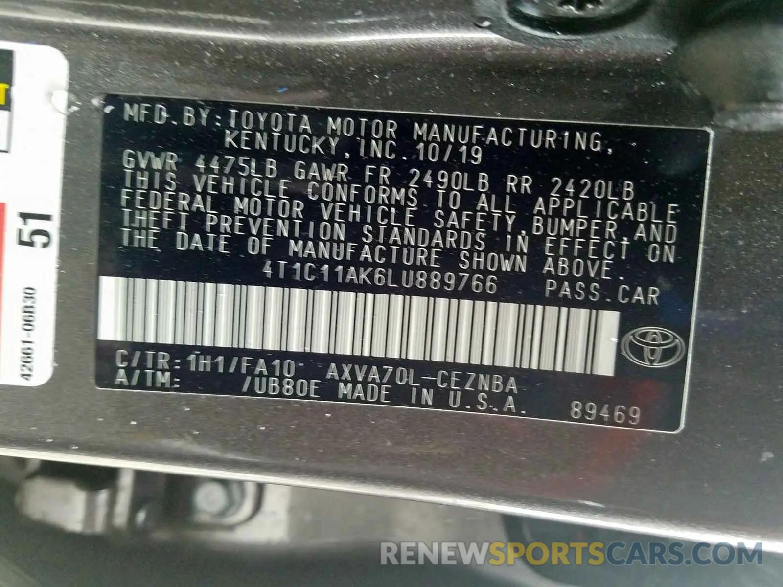 10 Photograph of a damaged car 4T1C11AK6LU889766 TOYOTA CAMRY 2020