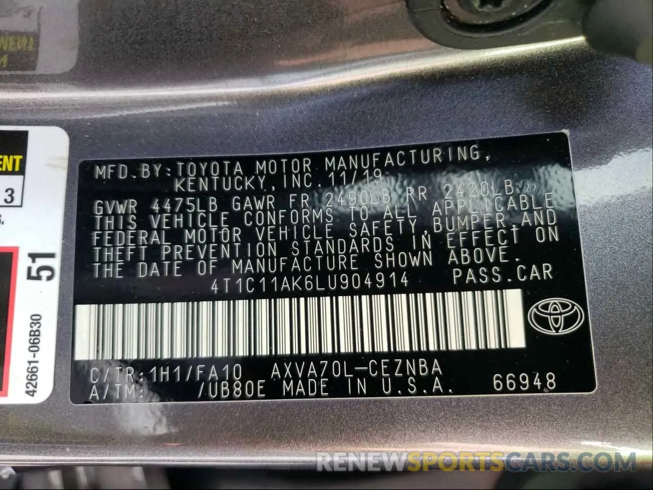 10 Фотография поврежденного автомобиля 4T1C11AK6LU904914 TOYOTA CAMRY 2020