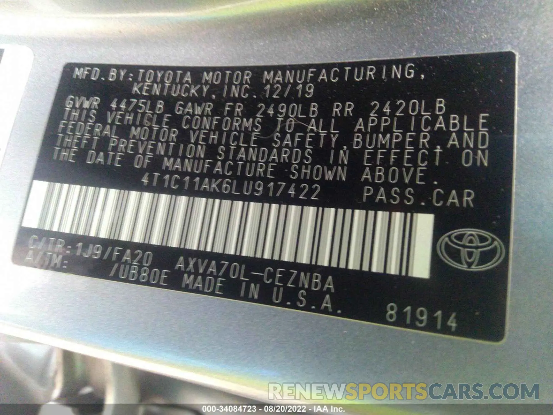 9 Photograph of a damaged car 4T1C11AK6LU917422 TOYOTA CAMRY 2020