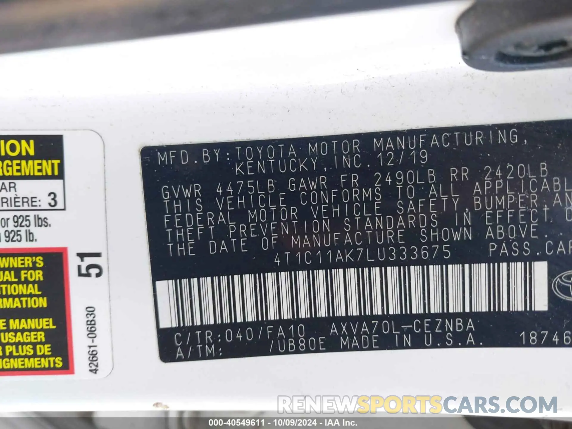 9 Photograph of a damaged car 4T1C11AK7LU333675 TOYOTA CAMRY 2020