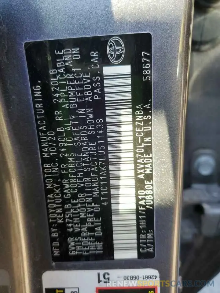 12 Фотография поврежденного автомобиля 4T1C11AK7LU511438 TOYOTA CAMRY 2020