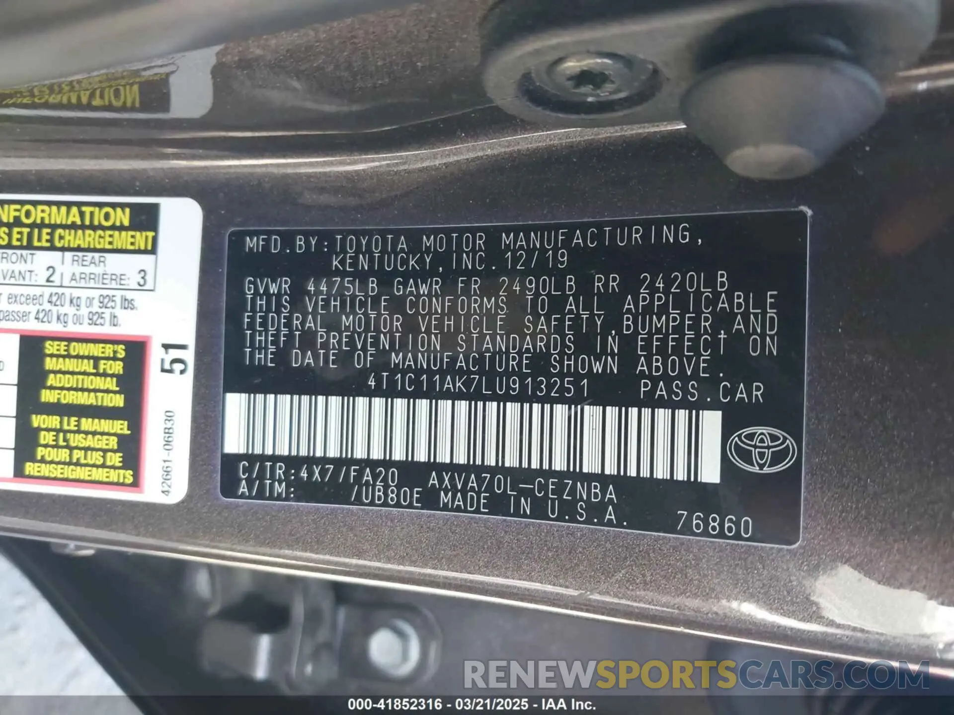 9 Photograph of a damaged car 4T1C11AK7LU913251 TOYOTA CAMRY 2020