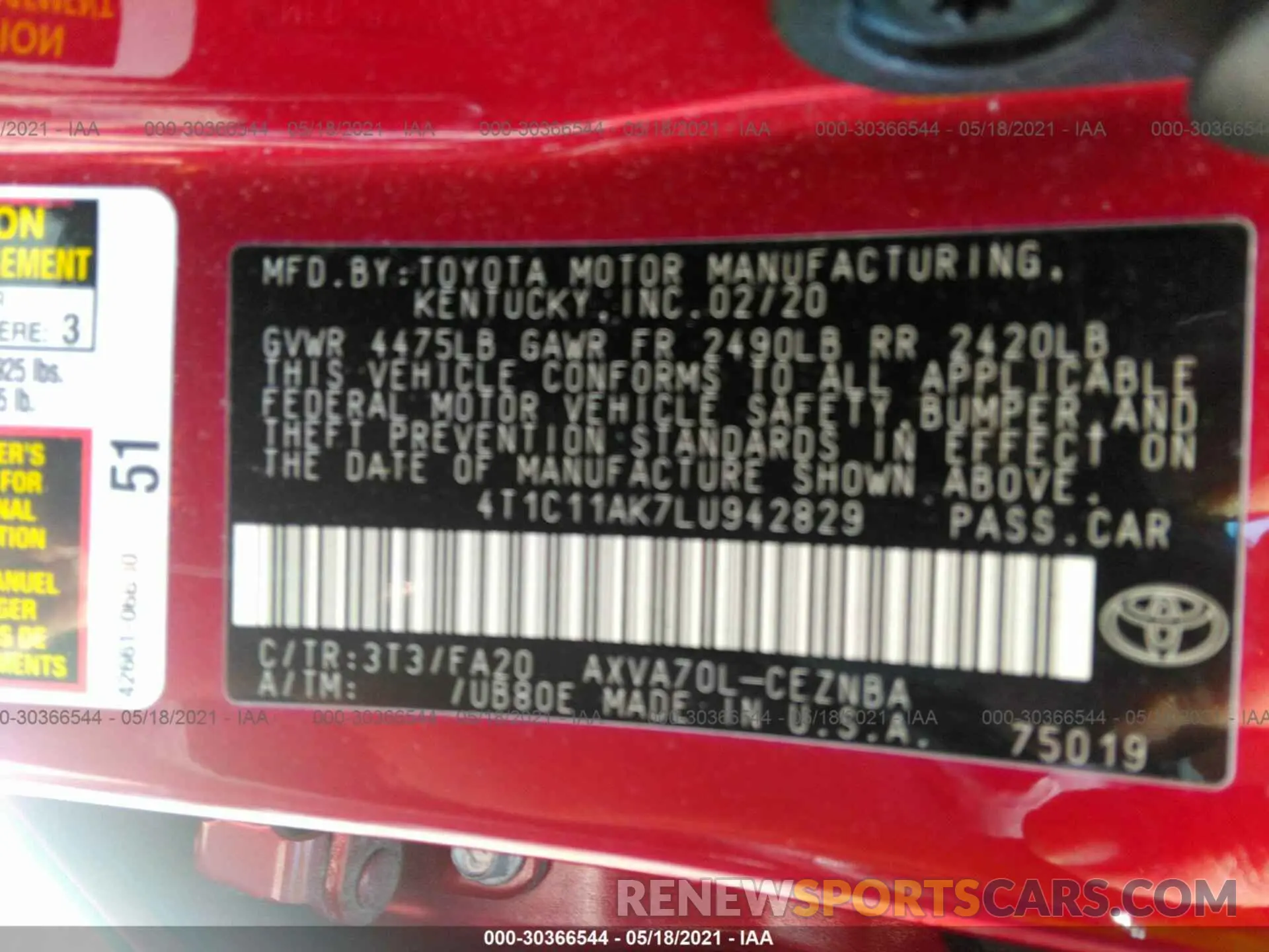 9 Photograph of a damaged car 4T1C11AK7LU942829 TOYOTA CAMRY 2020