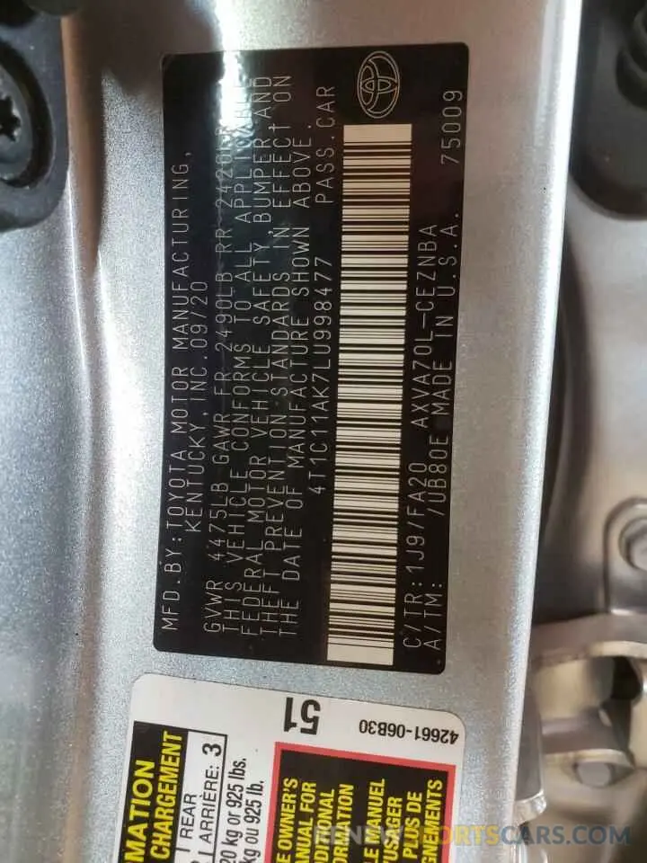 10 Photograph of a damaged car 4T1C11AK7LU998477 TOYOTA CAMRY 2020