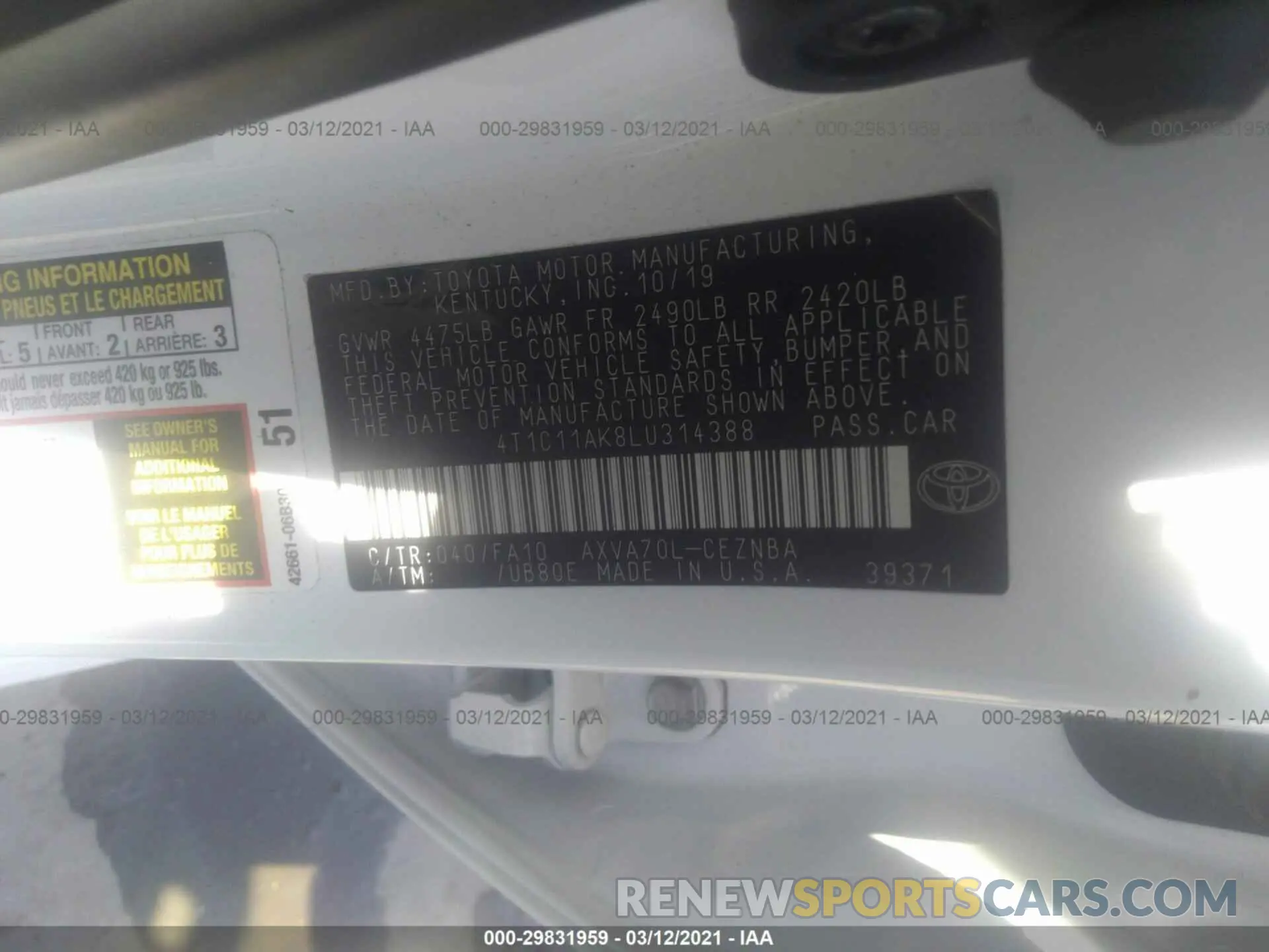 9 Photograph of a damaged car 4T1C11AK8LU314388 TOYOTA CAMRY 2020
