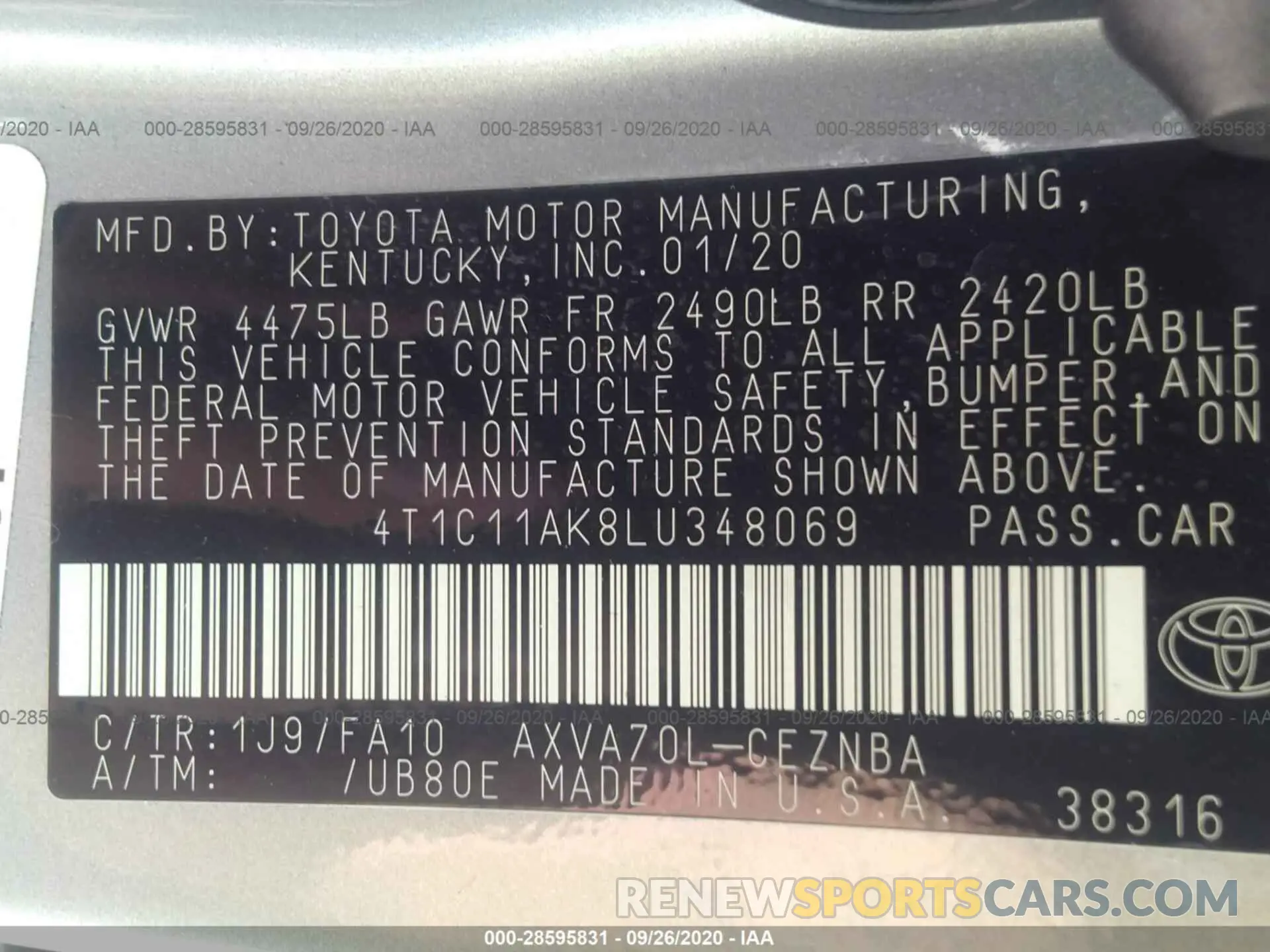 9 Photograph of a damaged car 4T1C11AK8LU348069 TOYOTA CAMRY 2020