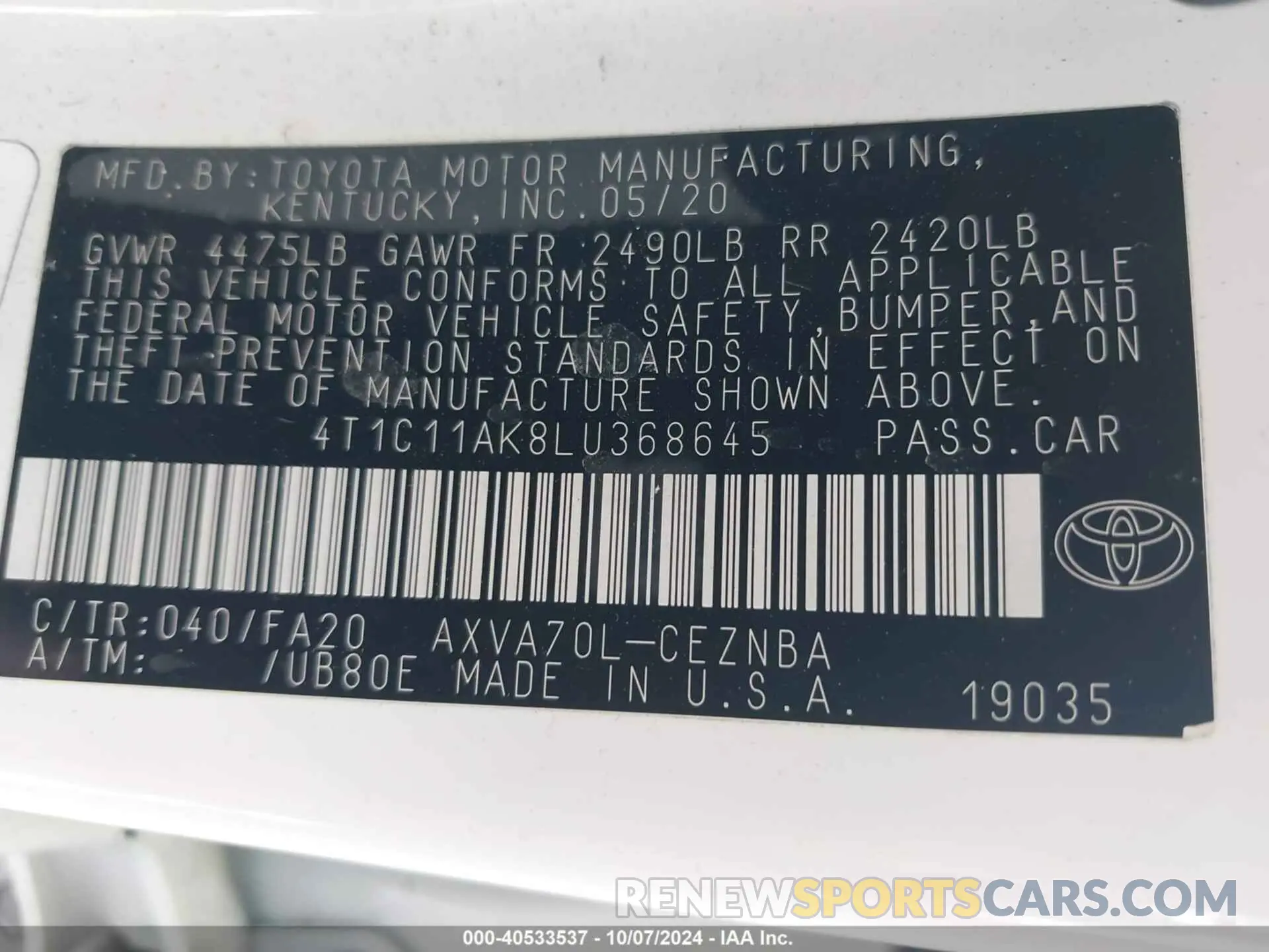 9 Photograph of a damaged car 4T1C11AK8LU368645 TOYOTA CAMRY 2020