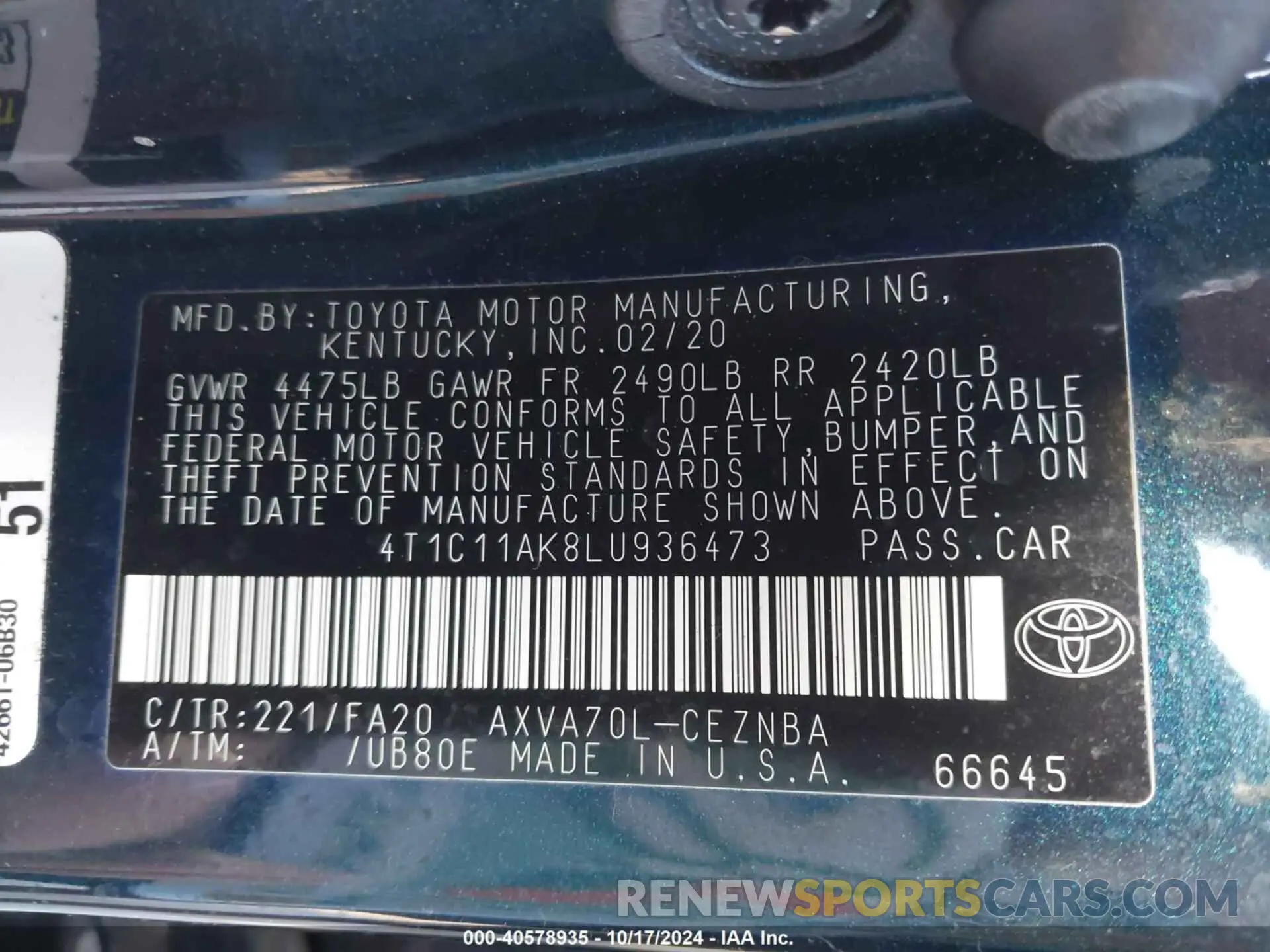 9 Photograph of a damaged car 4T1C11AK8LU936473 TOYOTA CAMRY 2020