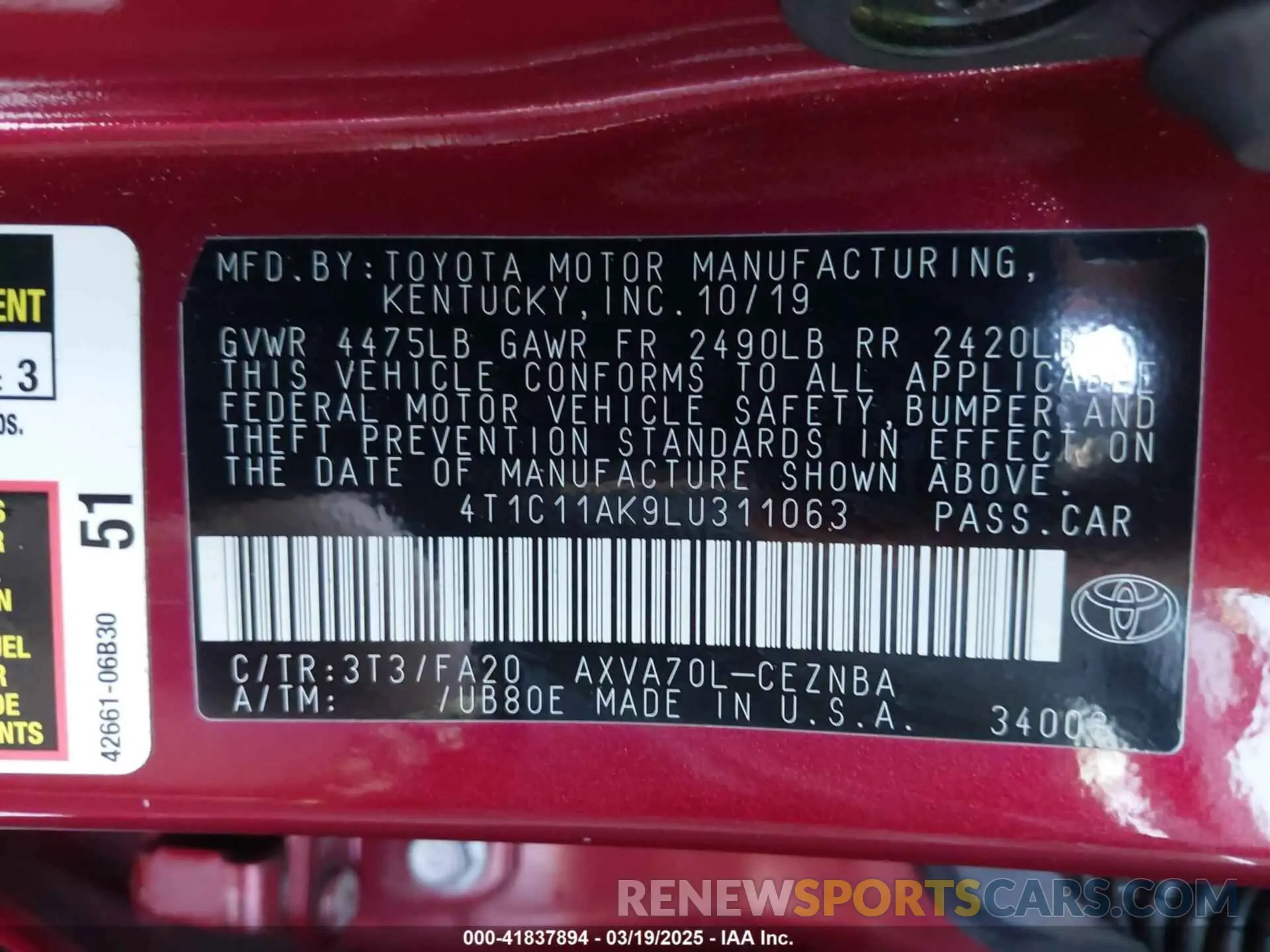 9 Фотография поврежденного автомобиля 4T1C11AK9LU311063 TOYOTA CAMRY 2020