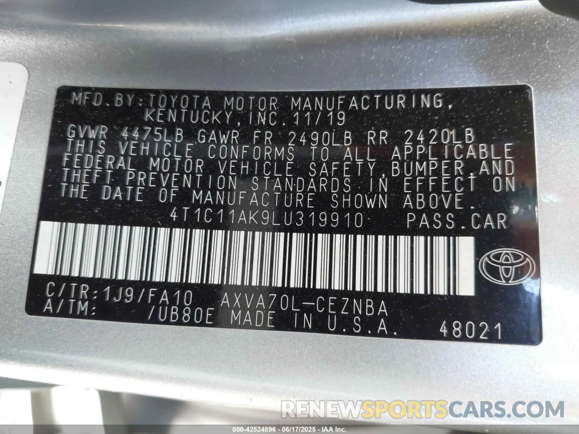 9 Photograph of a damaged car 4T1C11AK9LU319910 TOYOTA CAMRY 2020