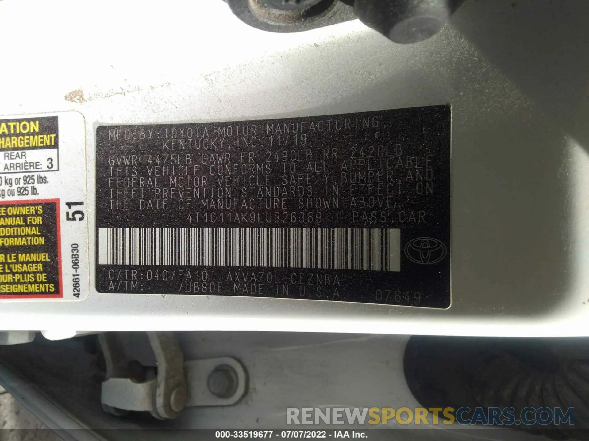 9 Photograph of a damaged car 4T1C11AK9LU326369 TOYOTA CAMRY 2020