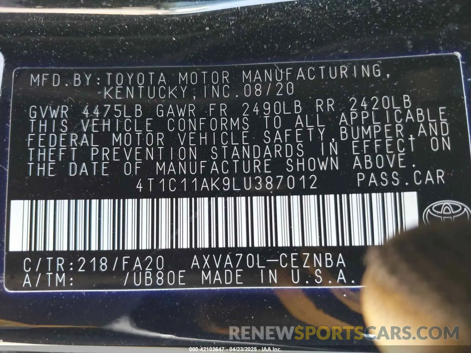 9 Photograph of a damaged car 4T1C11AK9LU387012 TOYOTA CAMRY 2020