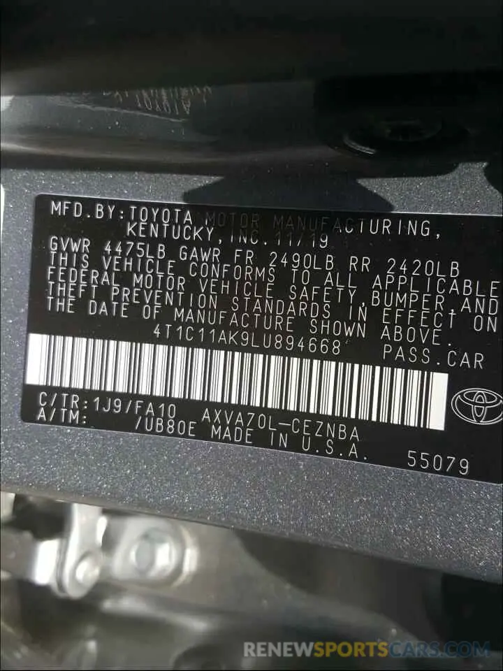 10 Фотография поврежденного автомобиля 4T1C11AK9LU894668 TOYOTA CAMRY 2020