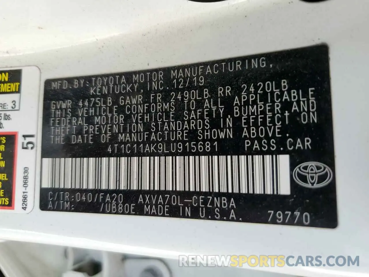 13 Photograph of a damaged car 4T1C11AK9LU915681 TOYOTA CAMRY 2020