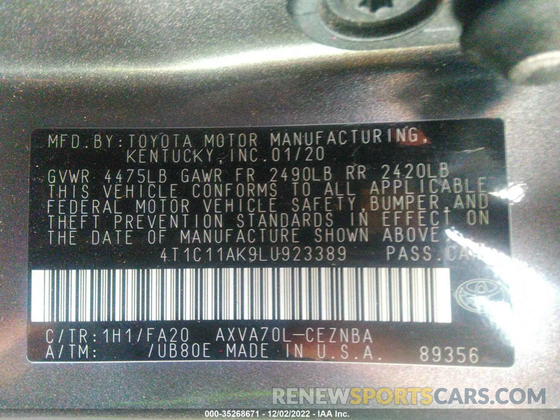 9 Photograph of a damaged car 4T1C11AK9LU923389 TOYOTA CAMRY 2020