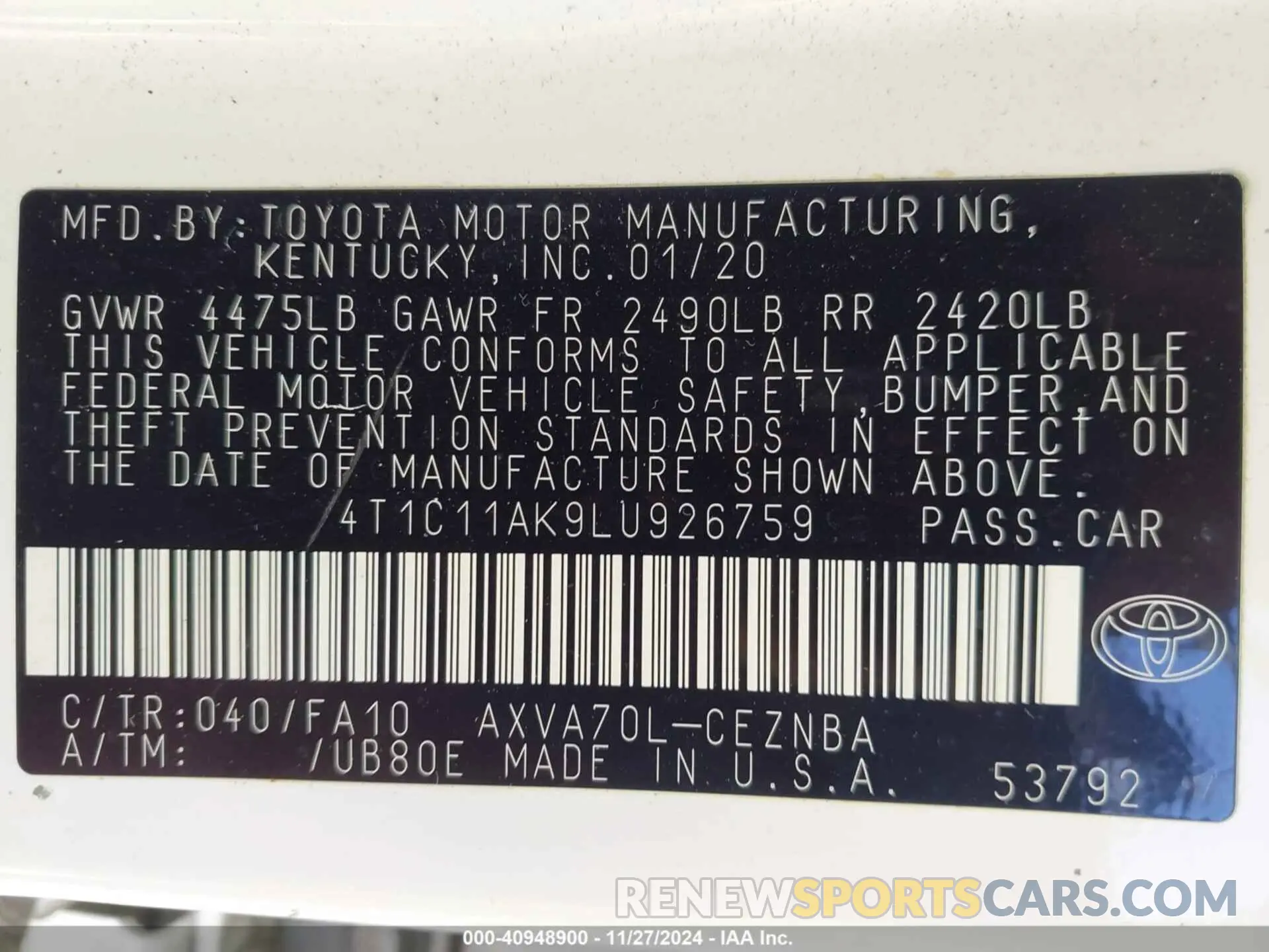 9 Photograph of a damaged car 4T1C11AK9LU926759 TOYOTA CAMRY 2020