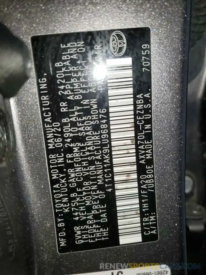 13 Photograph of a damaged car 4T1C11AK9LU968476 TOYOTA CAMRY 2020