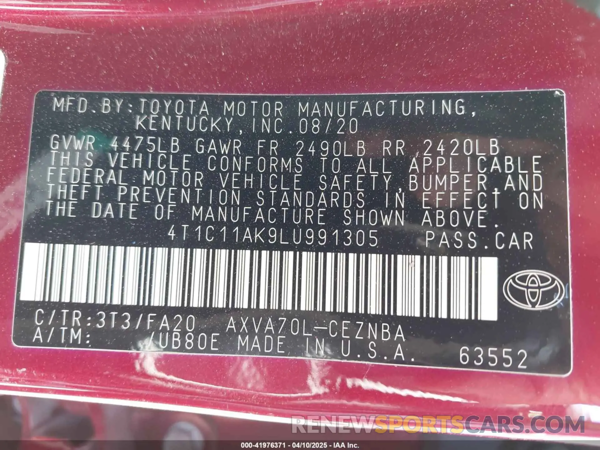 9 Фотография поврежденного автомобиля 4T1C11AK9LU991305 TOYOTA CAMRY 2020