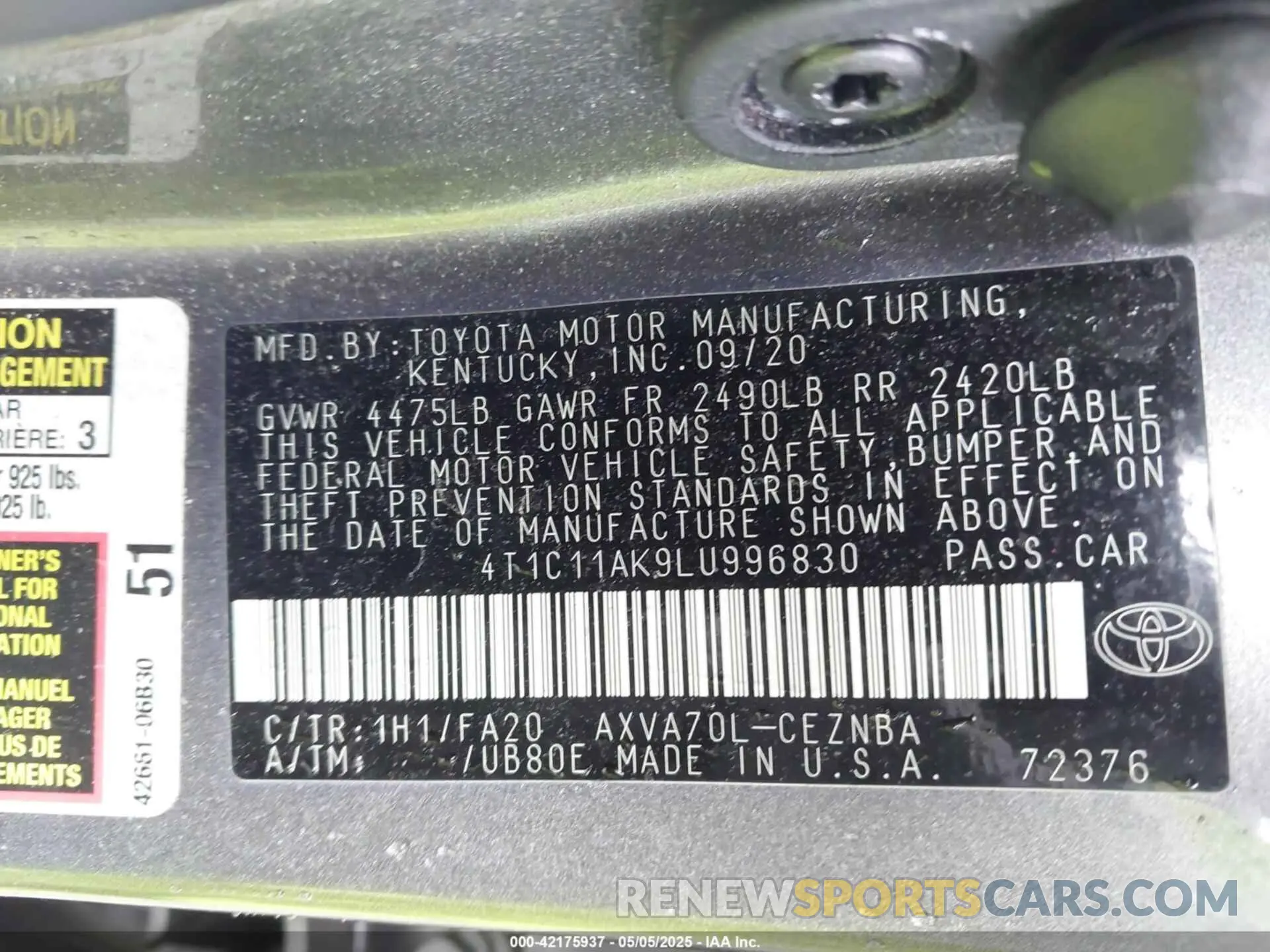 9 Фотография поврежденного автомобиля 4T1C11AK9LU996830 TOYOTA CAMRY 2020
