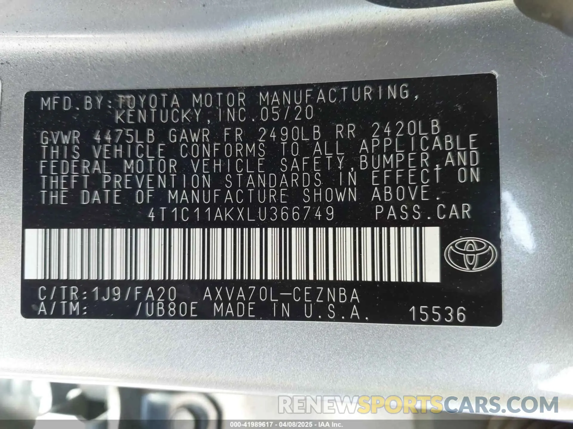 9 Фотография поврежденного автомобиля 4T1C11AKXLU366749 TOYOTA CAMRY 2020
