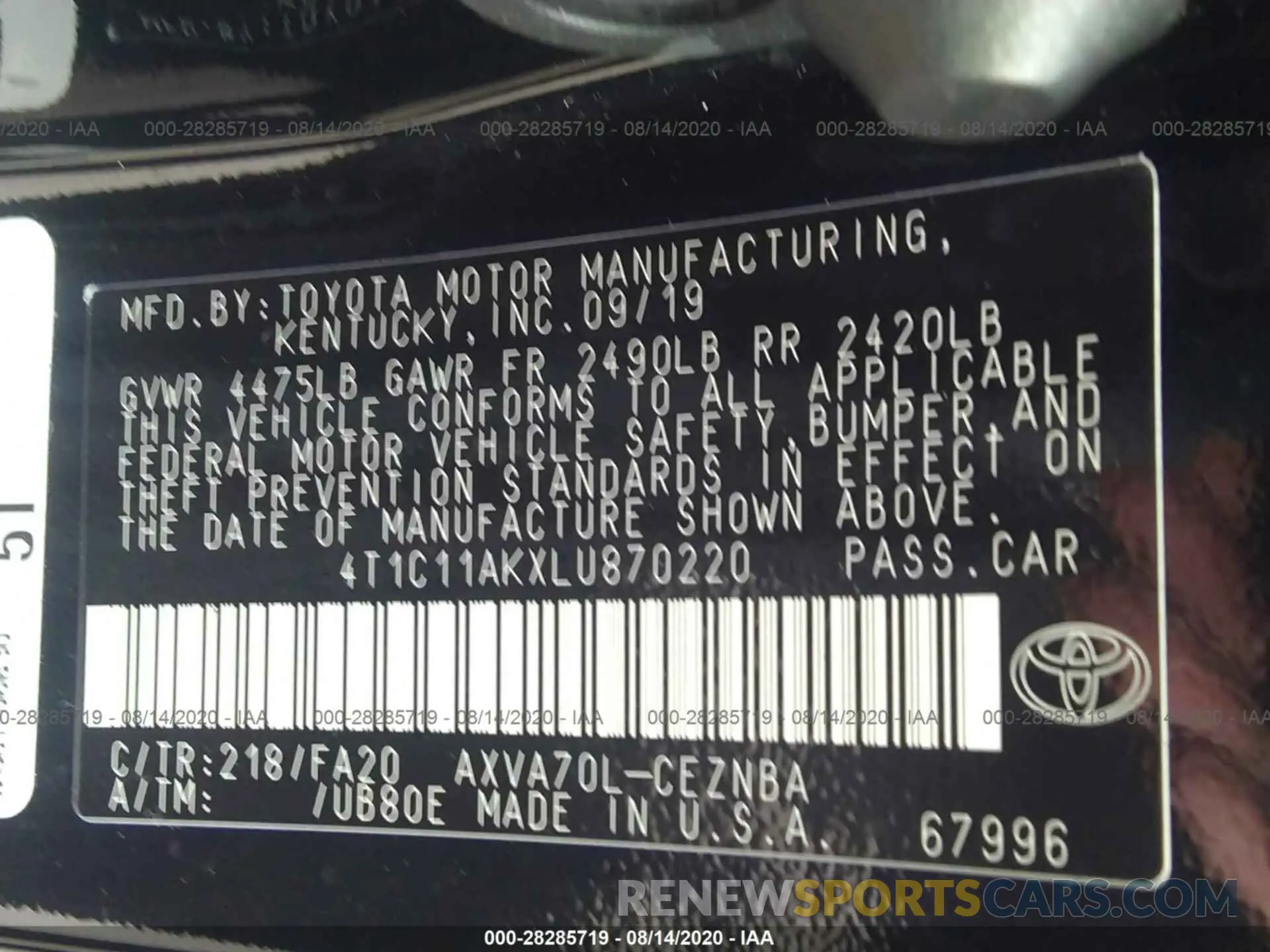 9 Photograph of a damaged car 4T1C11AKXLU870220 TOYOTA CAMRY 2020