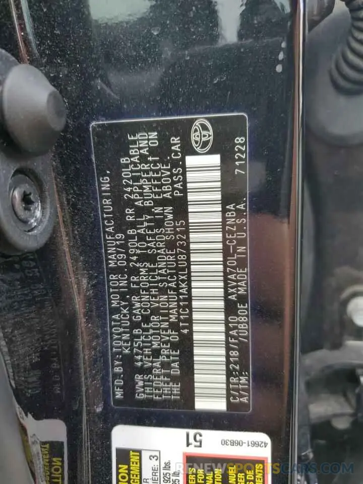 12 Photograph of a damaged car 4T1C11AKXLU873215 TOYOTA CAMRY 2020