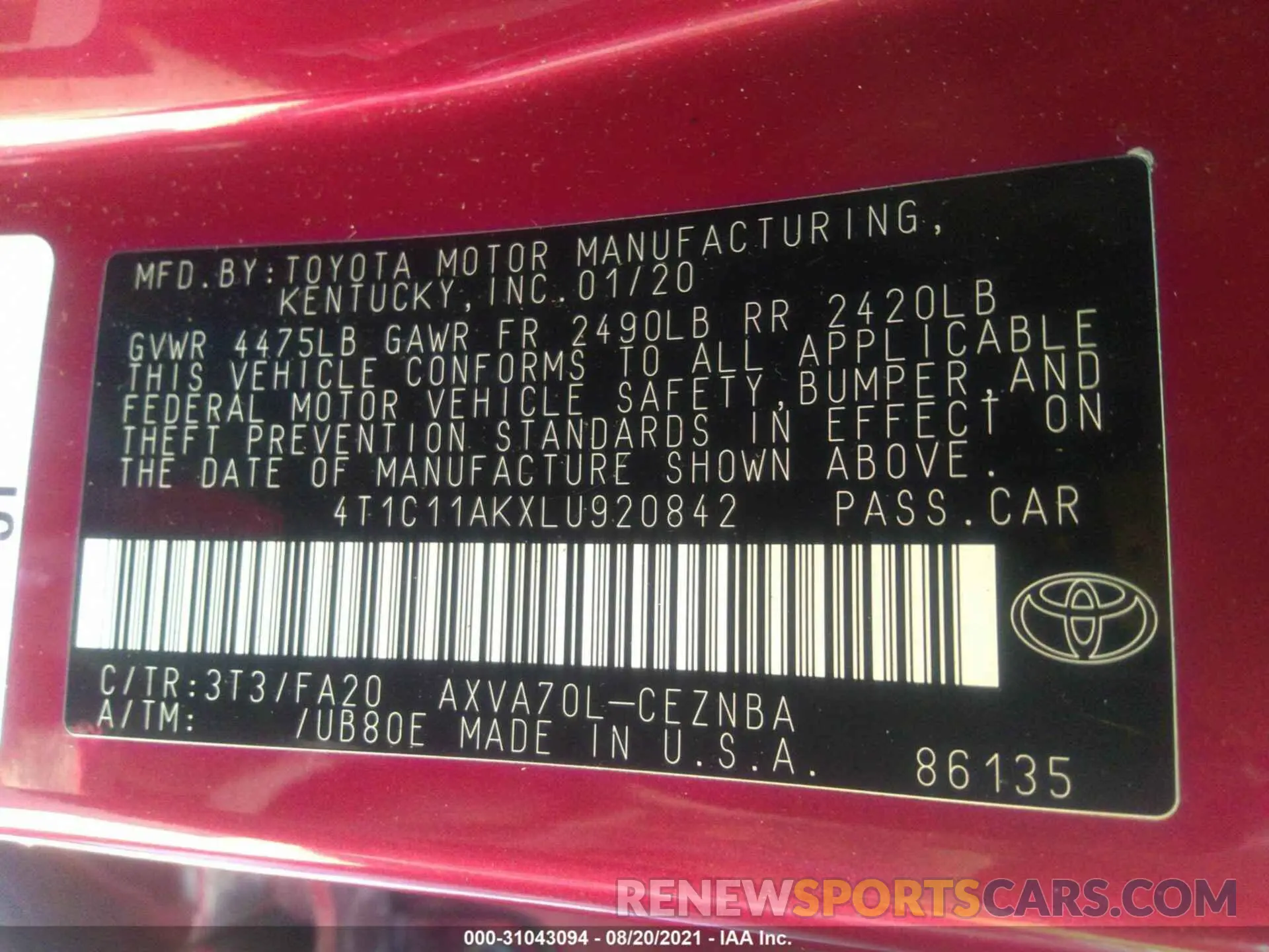 9 Photograph of a damaged car 4T1C11AKXLU920842 TOYOTA CAMRY 2020