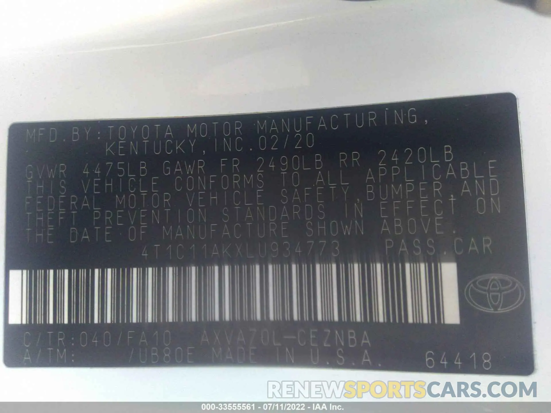 9 Photograph of a damaged car 4T1C11AKXLU934773 TOYOTA CAMRY 2020
