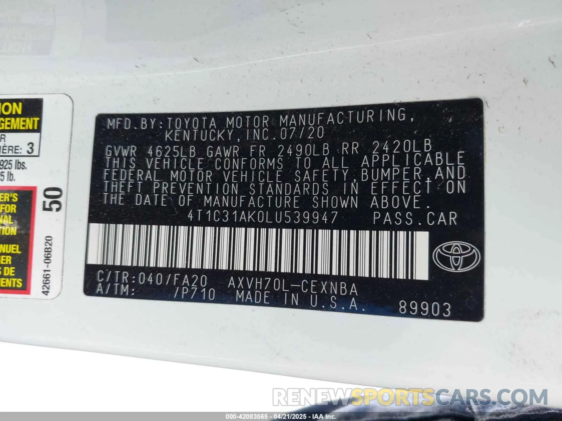 9 Фотография поврежденного автомобиля 4T1C31AK0LU539947 TOYOTA CAMRY 2020