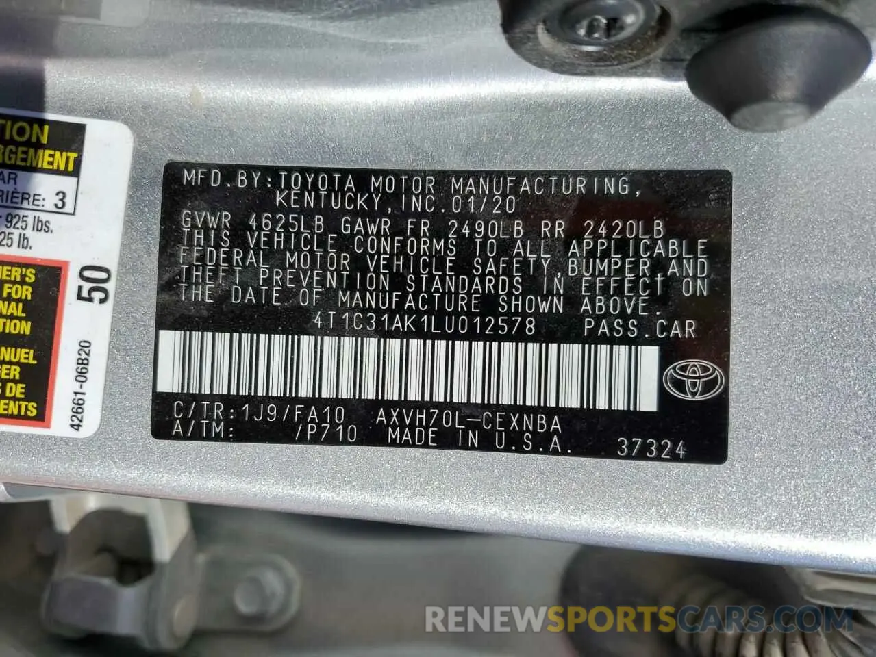 12 Photograph of a damaged car 4T1C31AK1LU012578 TOYOTA CAMRY 2020