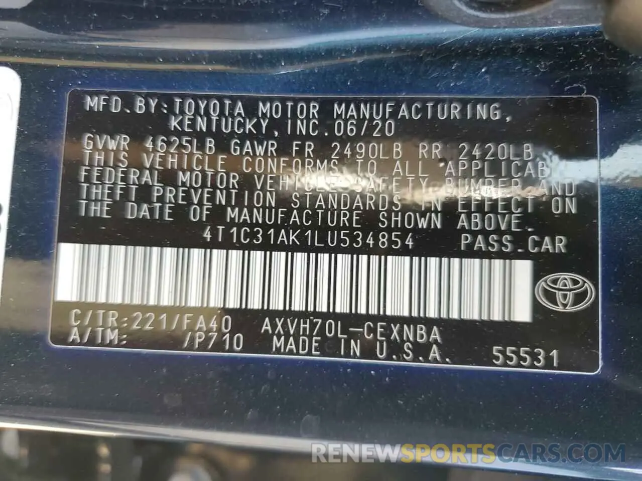13 Photograph of a damaged car 4T1C31AK1LU534854 TOYOTA CAMRY 2020