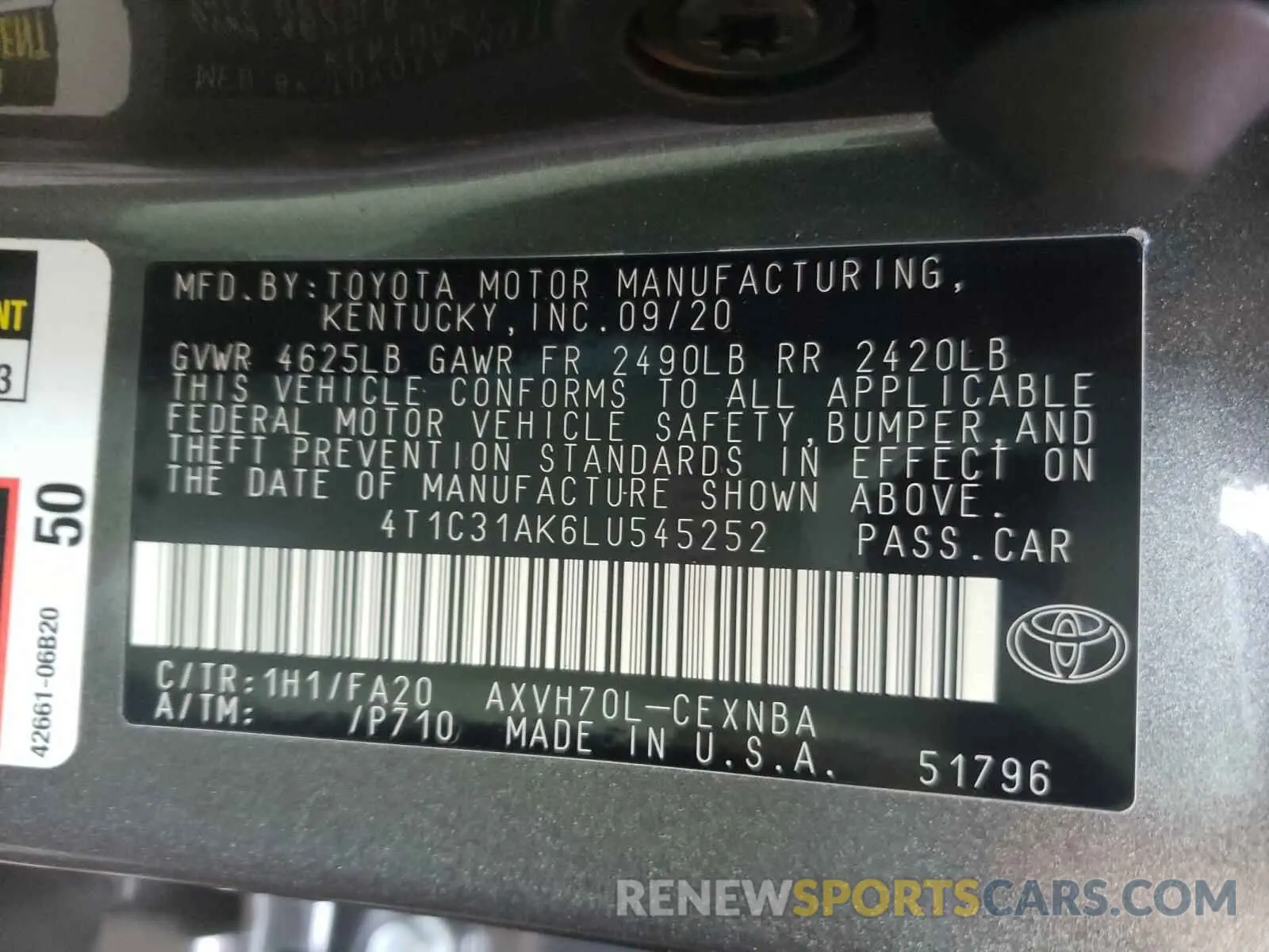 10 Photograph of a damaged car 4T1C31AK6LU545252 TOYOTA CAMRY 2020