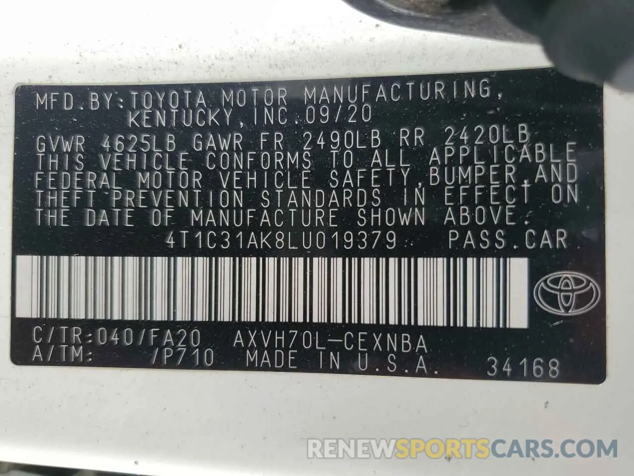 13 Photograph of a damaged car 4T1C31AK8LU019379 TOYOTA CAMRY 2020