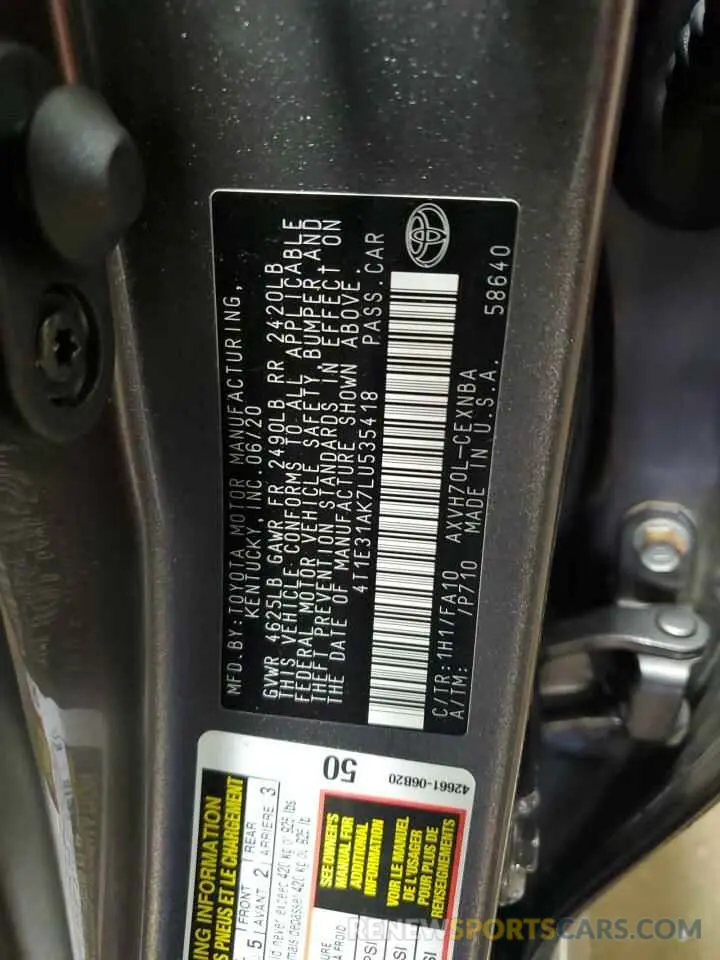 12 Фотография поврежденного автомобиля 4T1E31AK7LU535418 TOYOTA CAMRY 2020