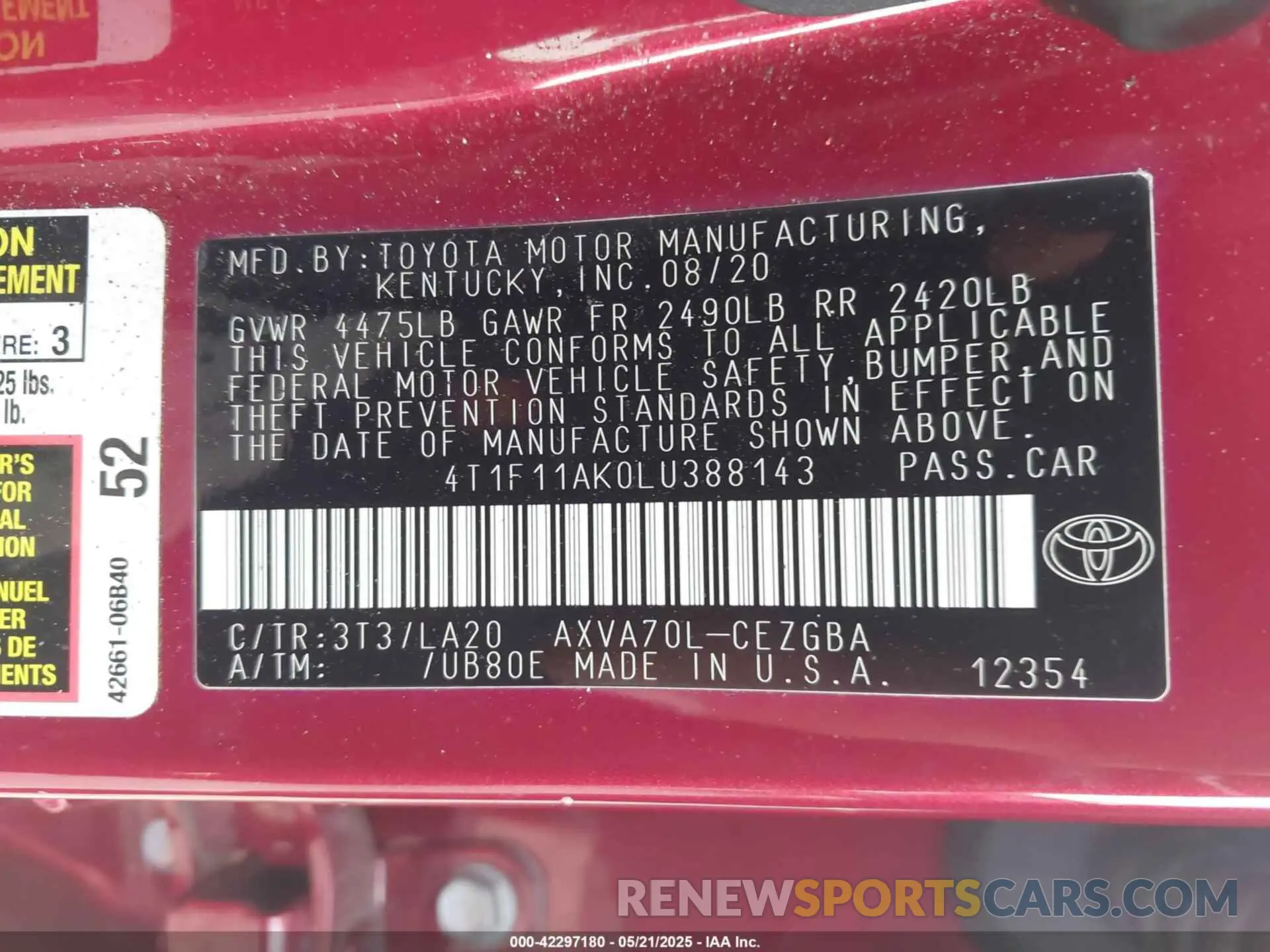 9 Photograph of a damaged car 4T1F11AK0LU388143 TOYOTA CAMRY 2020