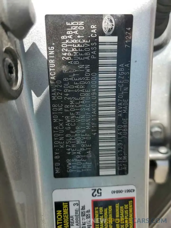 13 Фотография поврежденного автомобиля 4T1F11AK0LU940000 TOYOTA CAMRY 2020