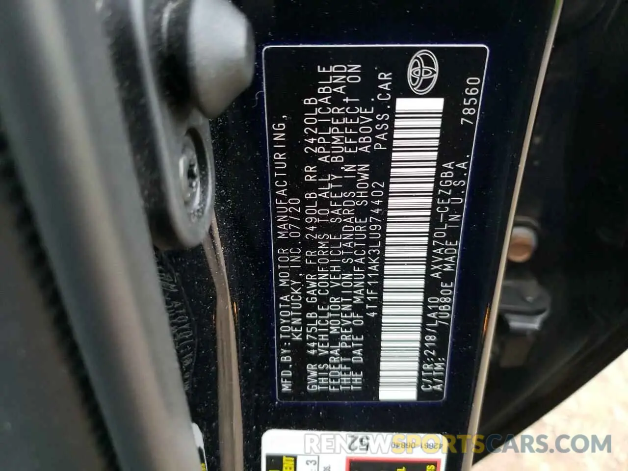 12 Photograph of a damaged car 4T1F11AK3LU974402 TOYOTA CAMRY 2020