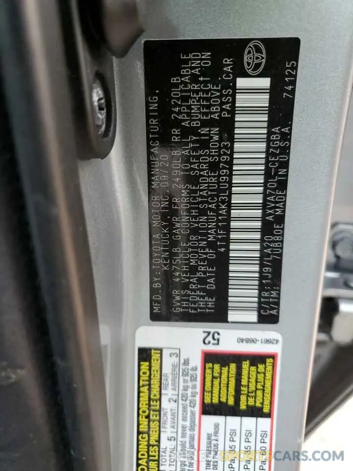 13 Фотография поврежденного автомобиля 4T1F11AK3LU997923 TOYOTA CAMRY 2020