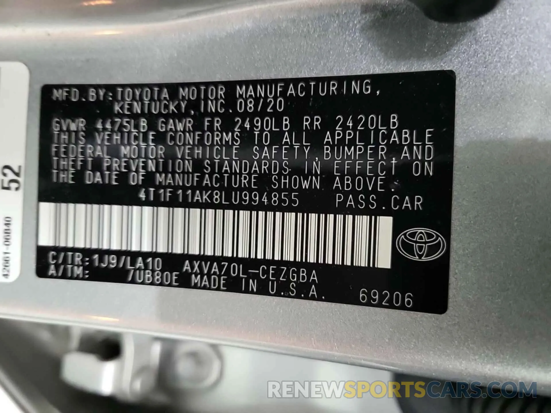 18 Photograph of a damaged car 4T1F11AK8LU994855 TOYOTA CAMRY 2020