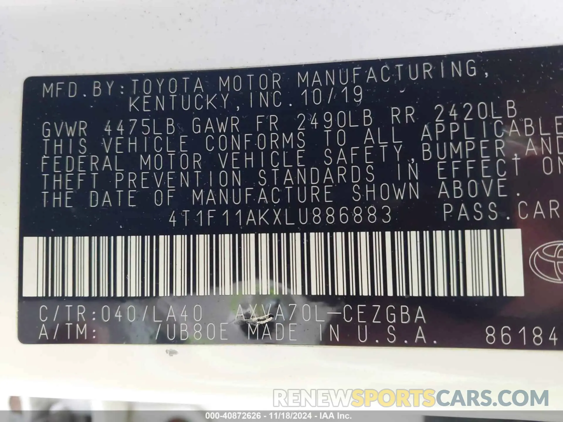 9 Фотография поврежденного автомобиля 4T1F11AKXLU886883 TOYOTA CAMRY 2020