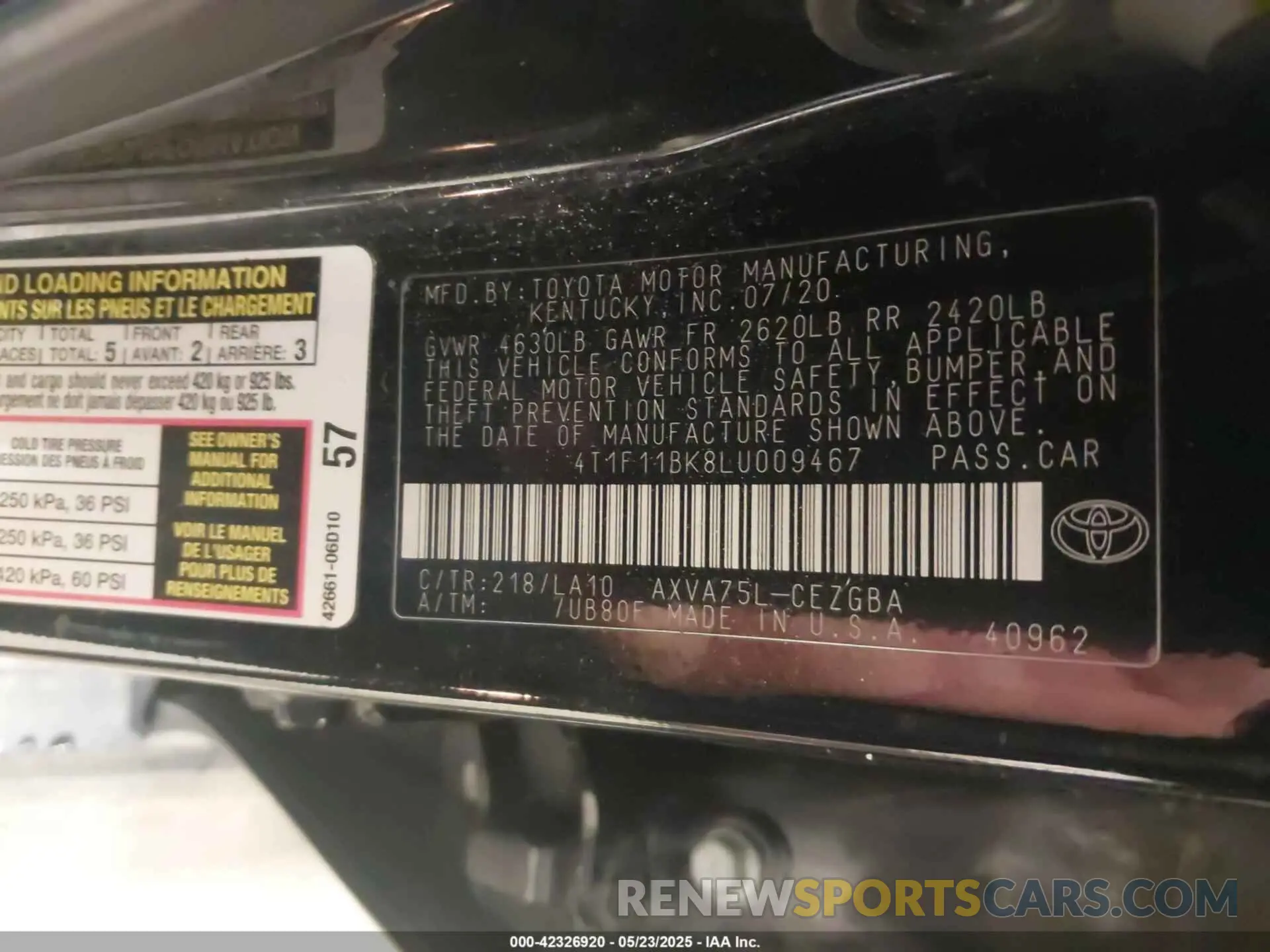 9 Photograph of a damaged car 4T1F11BK8LU009467 TOYOTA CAMRY 2020