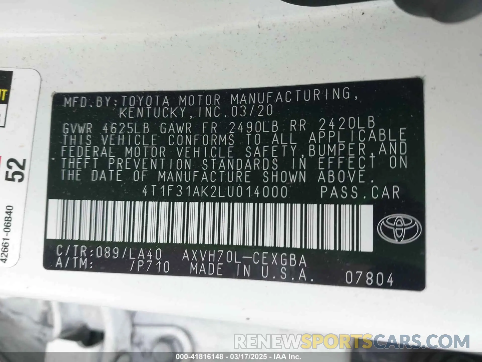 9 Photograph of a damaged car 4T1F31AK2LU014000 TOYOTA CAMRY 2020