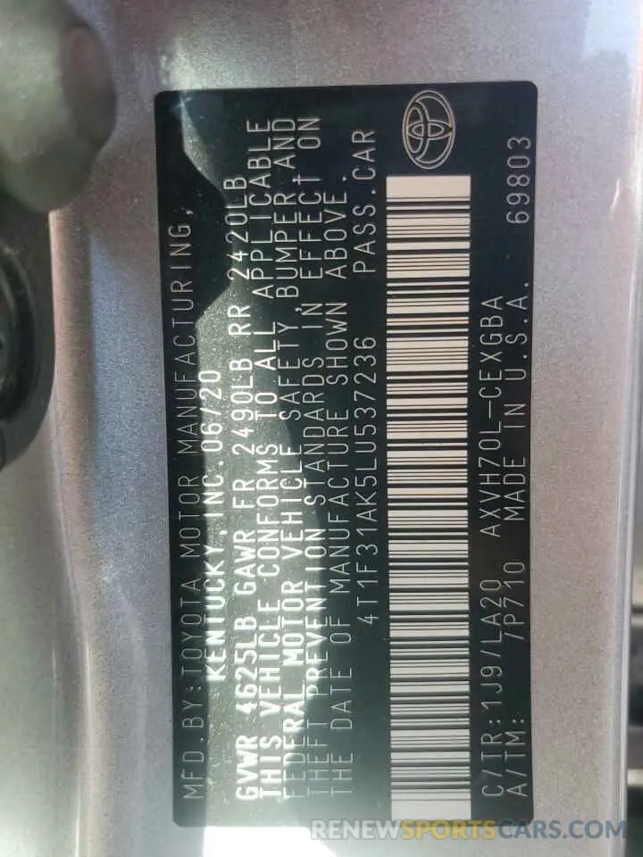 12 Photograph of a damaged car 4T1F31AK5LU537236 TOYOTA CAMRY 2020