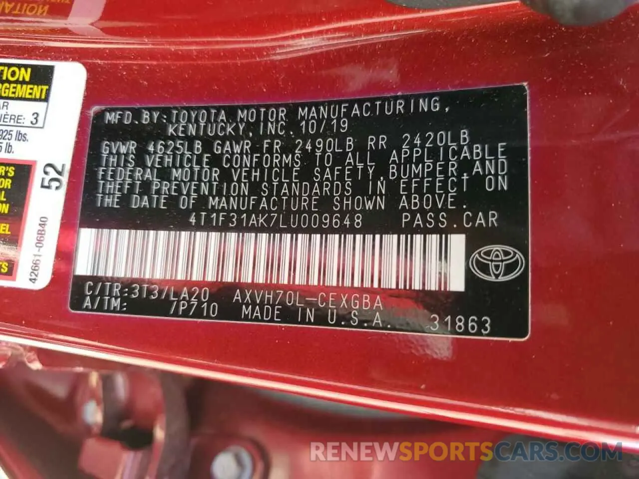 12 Фотография поврежденного автомобиля 4T1F31AK7LU009648 TOYOTA CAMRY 2020