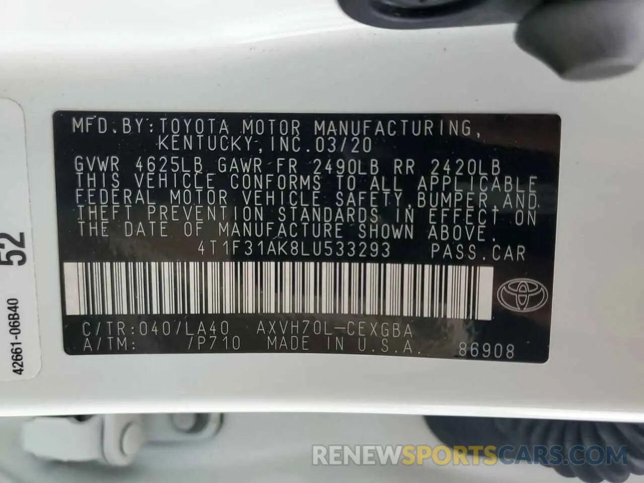 12 Фотография поврежденного автомобиля 4T1F31AK8LU533293 TOYOTA CAMRY 2020