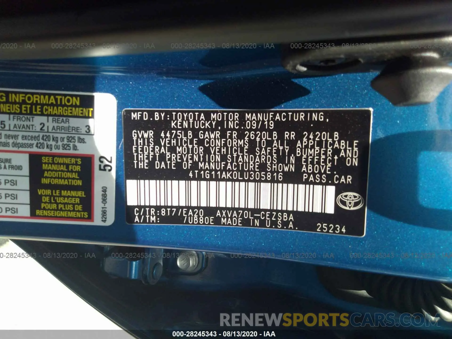 9 Photograph of a damaged car 4T1G11AK0LU305816 TOYOTA CAMRY 2020